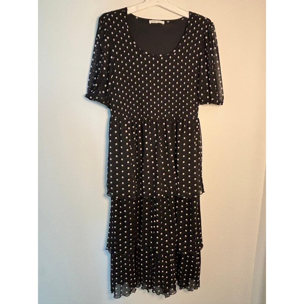 Madison + Hudson Polka Dot Smocked Tiered Mesh Midi Dress Black White Large